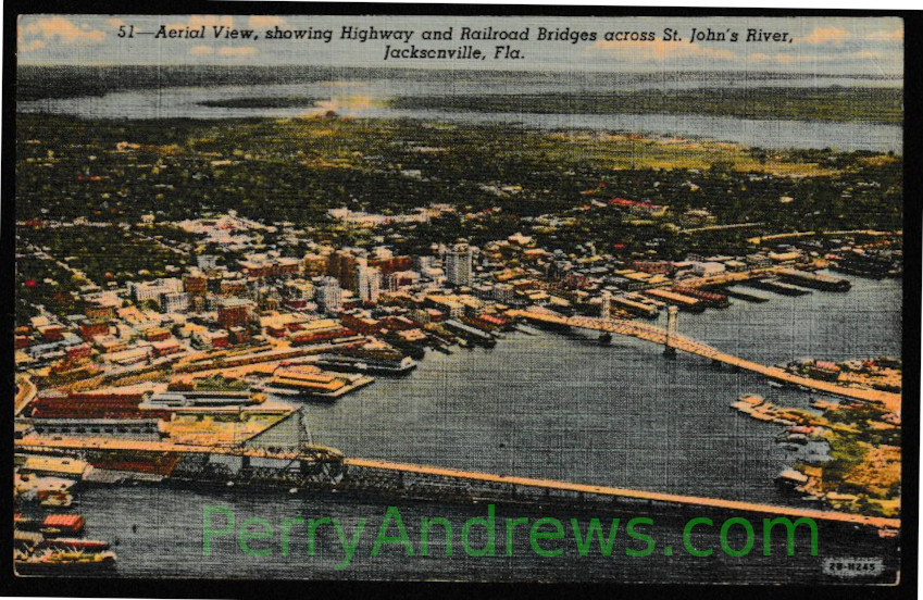 Aerial View, showing Highway and Railroad Bridges across St. John's River, Jacksonville, Fla.